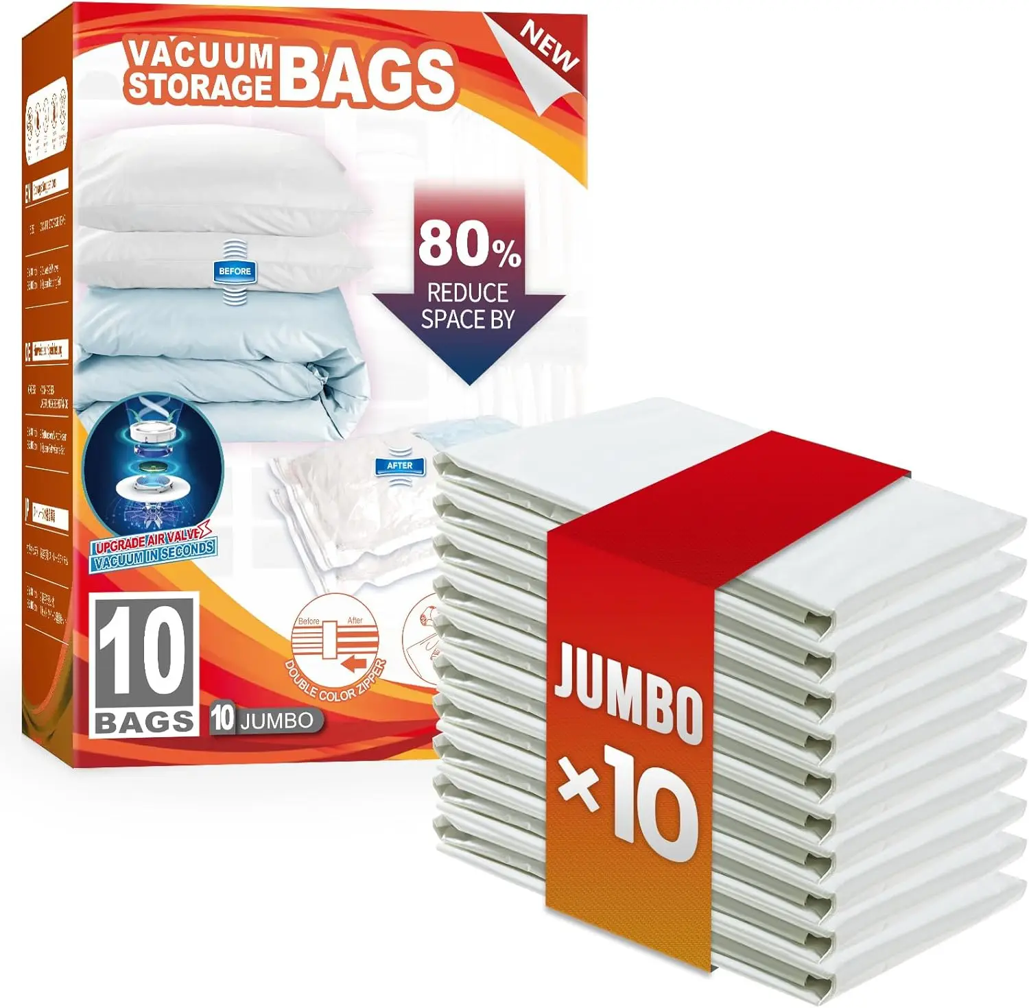 Jumbo Vacuum Storage Bags 10 Pack (40x31 Inch) for Clothing, Bedding, Pillows, Blankets, Space Saver for Closet Organization
Jumbo Vacuum Storage Bags 10 Pack (40x31 Inch) for Clothing, Bedding, Pillows, Blankets, Space Saver for Closet Organization