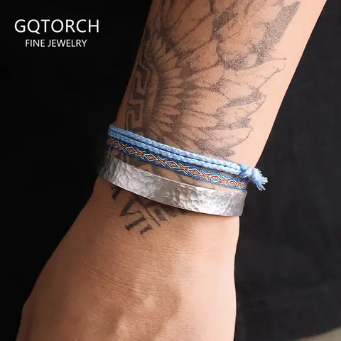 3pcs/set 999 Sterling Silver Stacked Cuff Bracelet Bangle 9mm Hammered Bracelet Knot Rope Adjustable Fashion Fine Jewelry