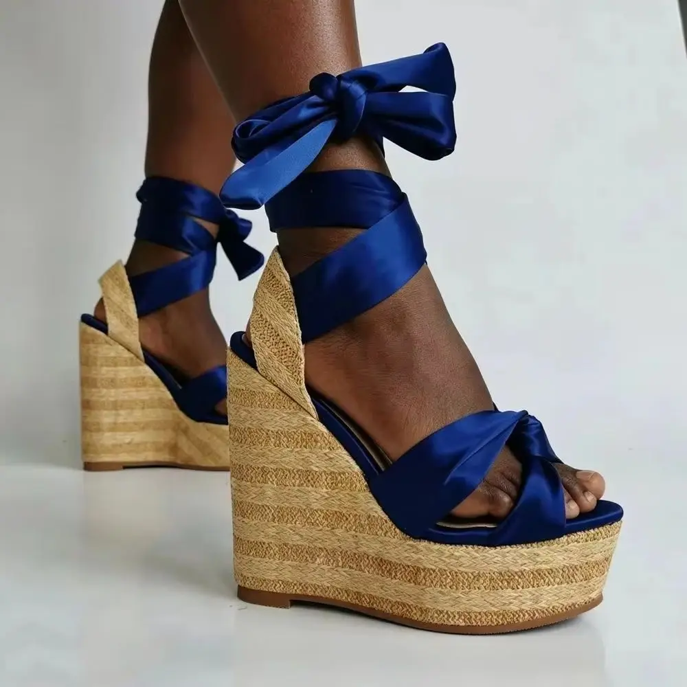 Women Blue Satin Ankle Strap Espadrille Wedge Sandals 2026 Summer New Fashion High Heel Open Toe Platform Beach Wedding Heels
Women Blue Satin Ankle Strap Espadrille Wedge Sandals 2026 Summer New Fashion High Heel Open Toe Platform Beach Wedding Heels