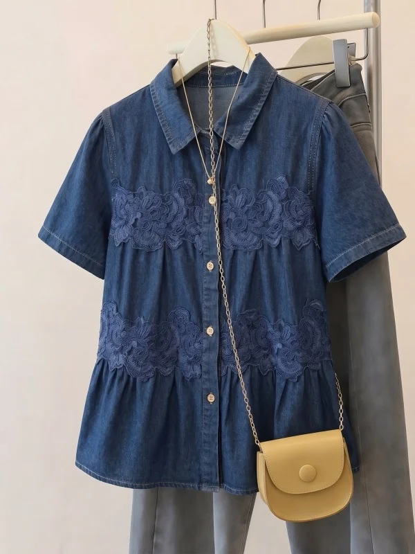 Lace Trimmed Denim Short Sleeve Shirt Women's Summer New Style plus Size Doll Shirt Trendy Ageless Top Korean Style Commute
Lace Trimmed Denim Short Sleeve Shirt Women's Summer New Style plus Size Doll Shirt Trendy Ageless Top Korean Style Commute