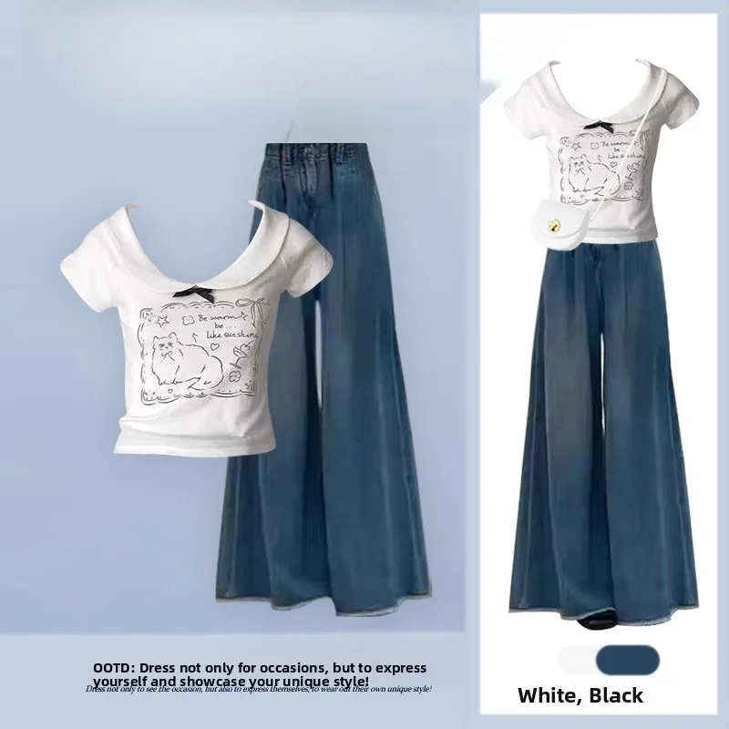 Summer Knot Print Doll Collar Short Sleeve T-Shirt And Slimming Jeans Two-Piece Set Fashionable Casual Women's Wear
Summer Knot Print Doll Collar Short Sleeve T-Shirt And Slimming Jeans Two-Piece Set Fashionable Casual Women's Wear