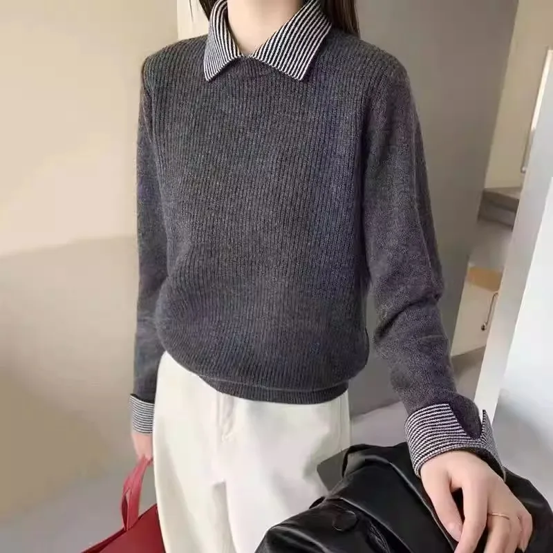 Casual style lapel 100% pure wool sweater women's color block fake two-piece knitwear women's pullover sweater undershirt top
Casual style lapel 100% pure wool sweater women's color block fake two-piece knitwear women's pullover sweater undershirt top