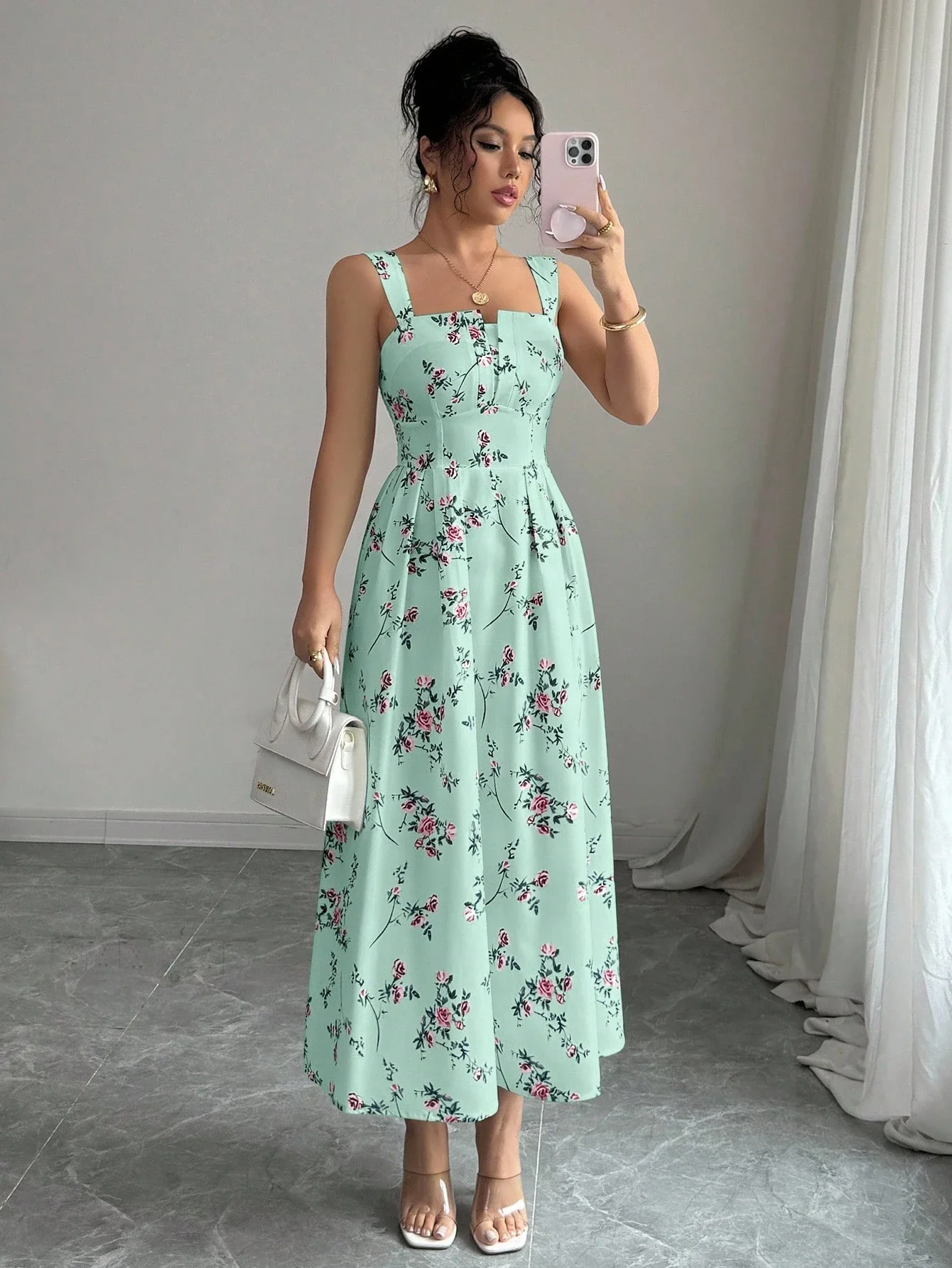 Floral Square Neck Spaghetti Strap Midi Dress With Cinched Waist And Flared Skirt For Spring Summer Casual Wear
Floral Square Neck Spaghetti Strap Midi Dress With Cinched Waist And Flared Skirt For Spring Summer Casual Wear