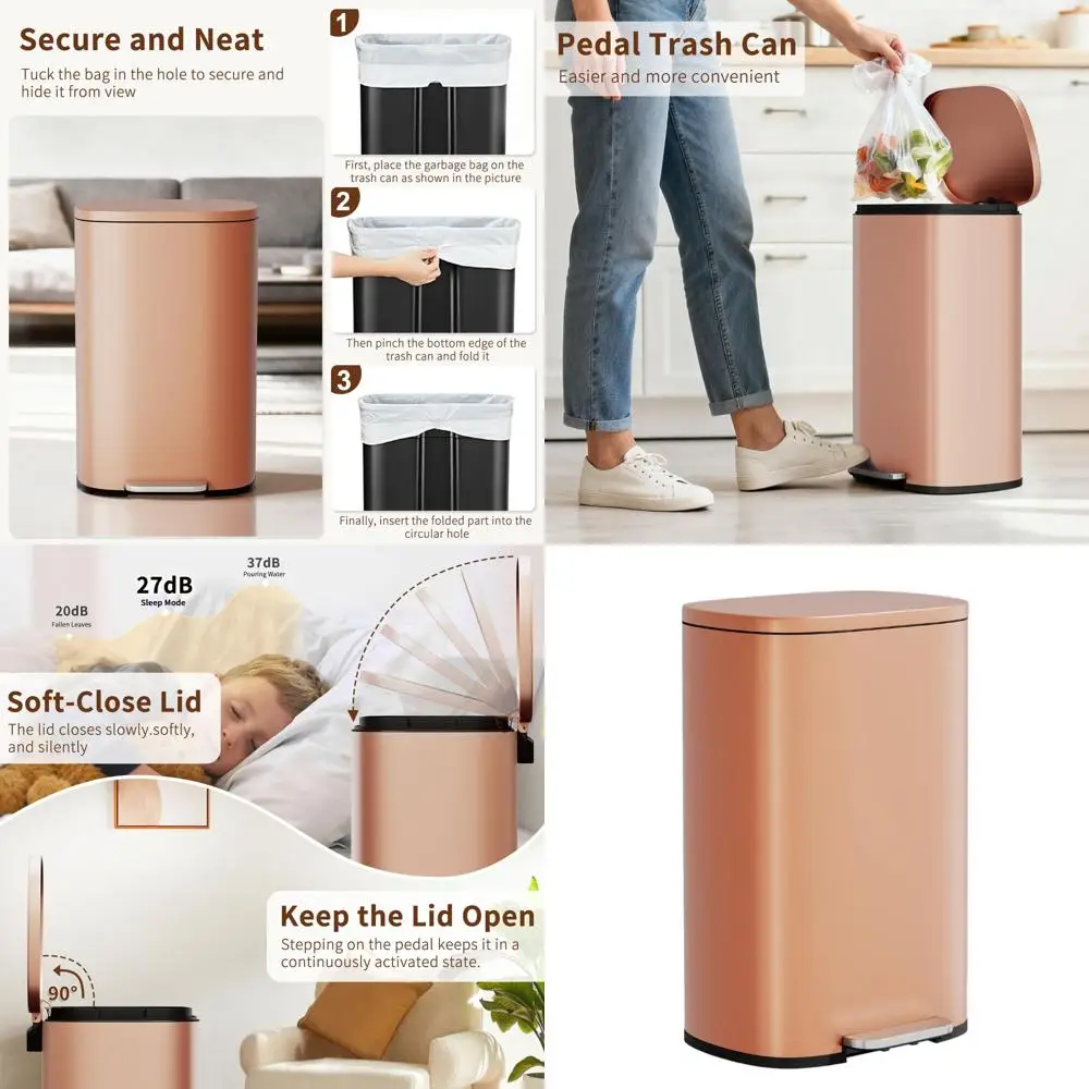 13 Gallon Pedal-Operated Stainless Steel Trash Can with Removable Lid and Inner Bucket for Kitchen Use - Pink
13 Gallon Pedal-Operated Stainless Steel Trash Can with Removable Lid and Inner Bucket for Kitchen Use - Pink
