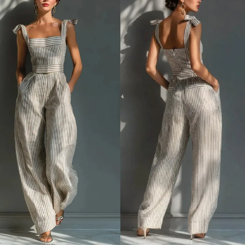 Chic Striped Jumpsuit Women Backless High Waist Wide Leg Pants with Pockets Summer Vacation Beach Party Casual One Piece Rompers
Chic Striped Jumpsuit Women Backless High Waist Wide Leg Pants with Pockets Summer Vacation Beach Party Casual One Piece Rompers