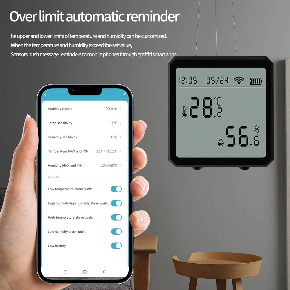 Цифровой гигрометр с ЖК-дисплеем, совместимый с Bluetooth Wi-Fi Смарт-датчик температуры и влажности, с подсветкой
Цифровой гигрометр с ЖК-дисплеем, совместимый с Bluetooth Wi-Fi Смарт-датчик температуры и влажности, с подсветкой