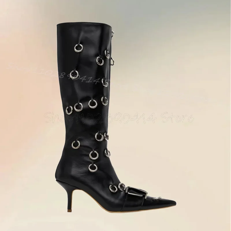 Metal Circle Design Black Pointed Toe Boots Side Zipper Women Shoes Thin High Heels New Fashion Banquet 2025 Zapatos Para Mujere 
Metal Circle Design Black Pointed Toe Boots Side Zipper Women Shoes Thin High Heels New Fashion Banquet 2025 Zapatos Para Mujere