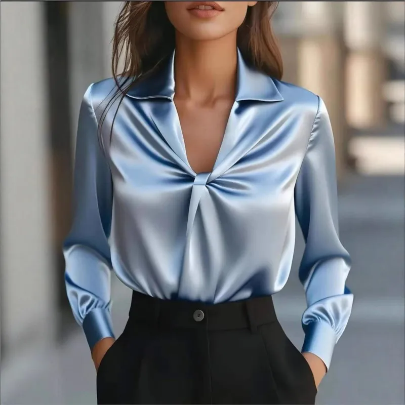 Solid Color Satin Women's Blouses Spring Autumn New Fashion Office Shirt Pleated Long Sleeve V-neck Casual Shirt Femme Clothing
Solid Color Satin Women's Blouses Spring Autumn New Fashion Office Shirt Pleated Long Sleeve V-neck Casual Shirt Femme Clothing