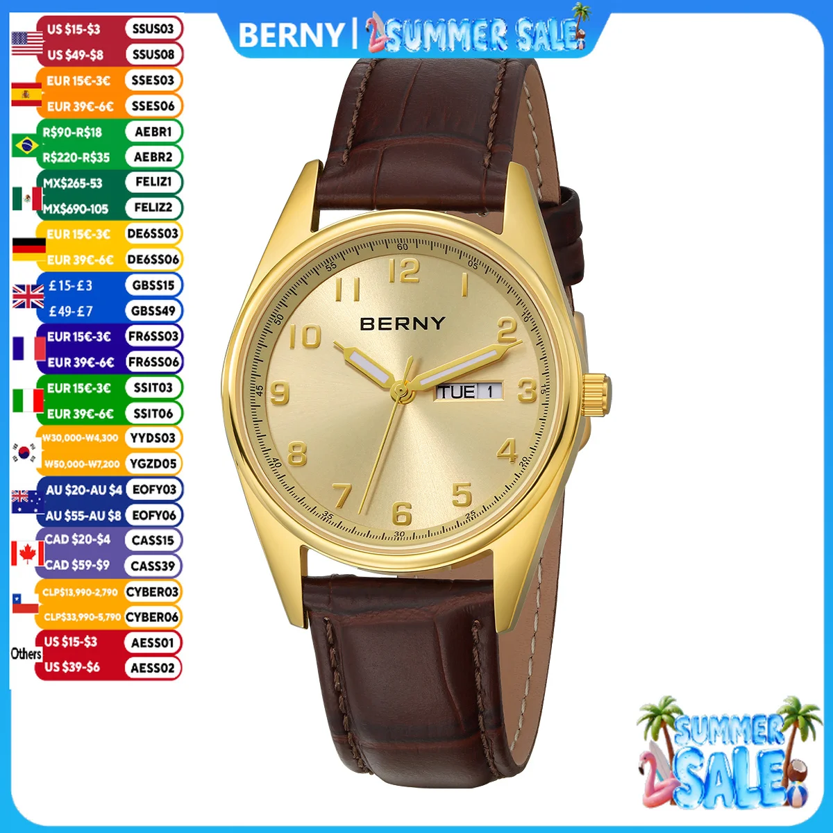 BERNY Gold Watches for Men Classic Date Week Luminous Luxury Golden Men's Dress Quartz Watch Elegant Lightweight Wristwatch
BERNY Gold Watches for Men Classic Date Week Luminous Luxury Golden Men's Dress Quartz Watch Elegant Lightweight Wristwatch