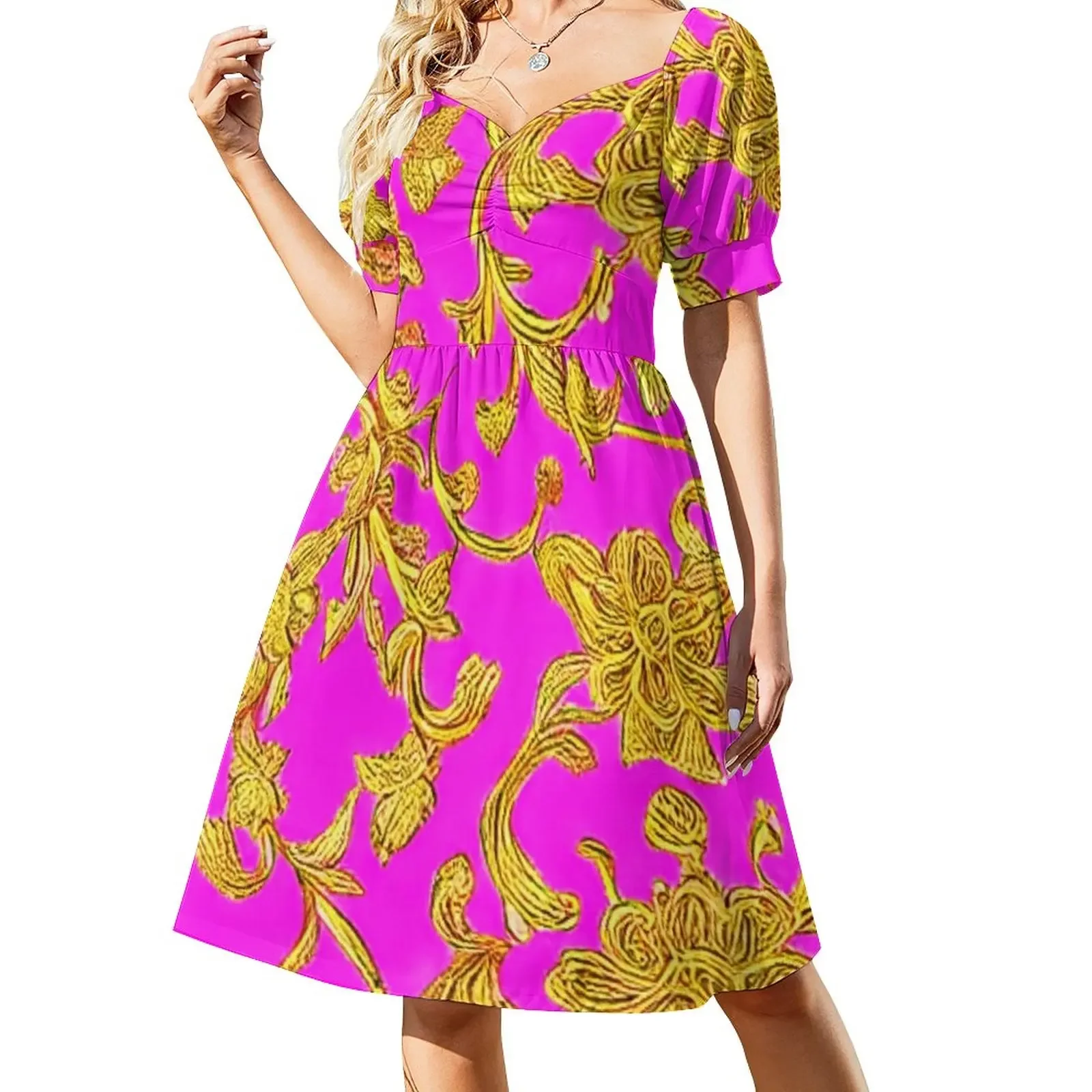 Hot Pink And Gold Baroque Floral Pattern A-Line Short-Sleeved Dress dress women summer
Hot Pink And Gold Baroque Floral Pattern A-Line Short-Sleeved Dress dress women summer