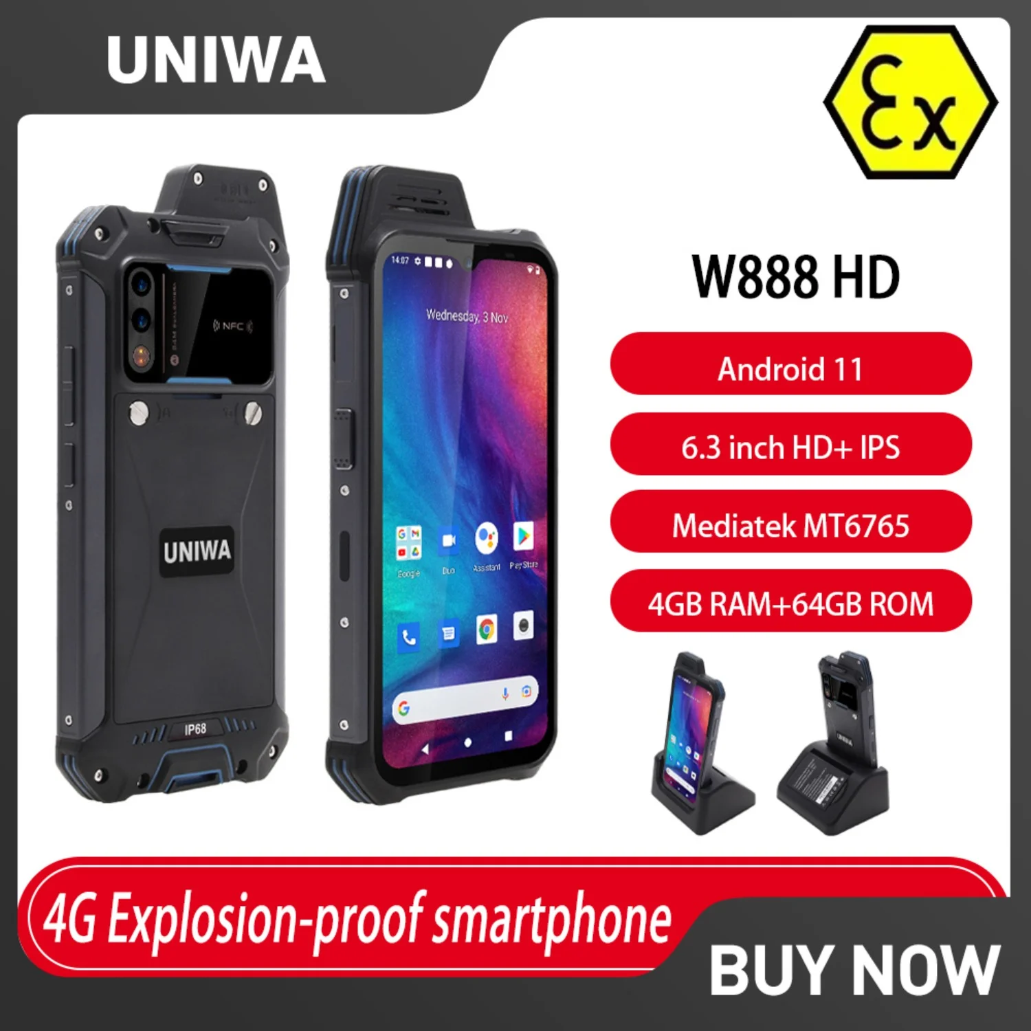 UNIWA W888 ATEX Explosion Andriod Smartphone Walkie Talkie IP68 6.3“ HD 4GB 64GB 4400mAh NFC Certification Explosion-proof Phone
UNIWA W888 ATEX Explosion Andriod Smartphone Walkie Talkie IP68 6.3“ HD 4GB 64GB 4400mAh NFC Certification Explosion-proof Phone