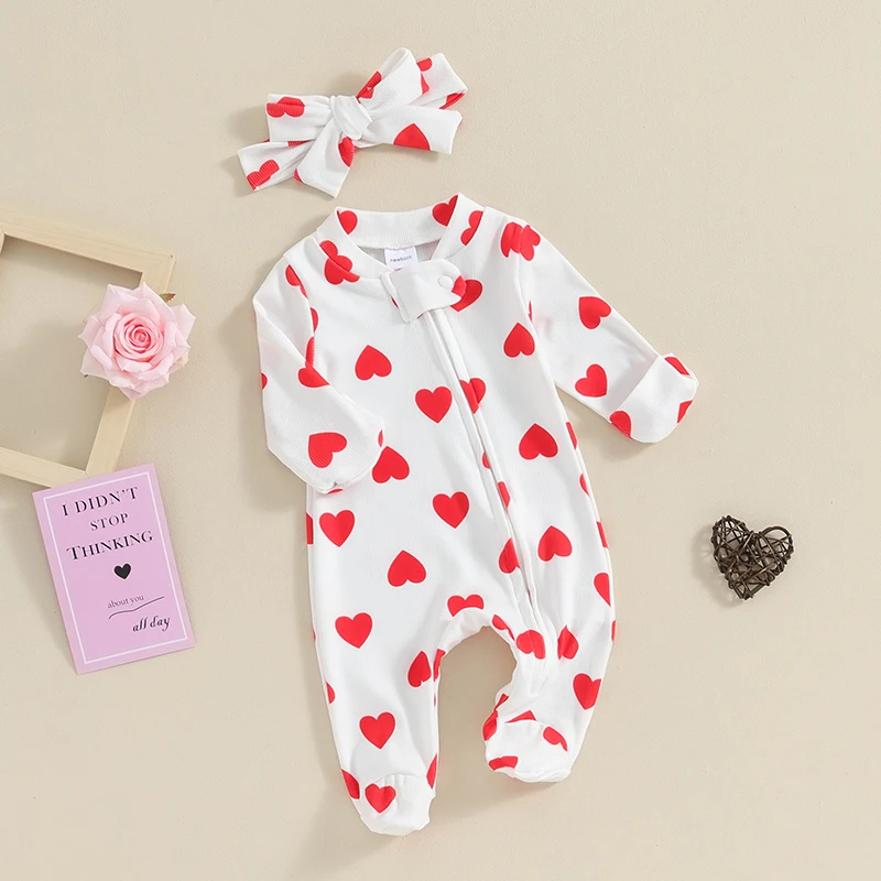 Baby Girl Valentine's Day Rompers Outfits Long Sleeve Heart Print Full Zip Foot Wrapped jumpsuit Headband Set Infant Clothes
Baby Girl Valentine's Day Rompers Outfits Long Sleeve Heart Print Full Zip Foot Wrapped jumpsuit Headband Set Infant Clothes