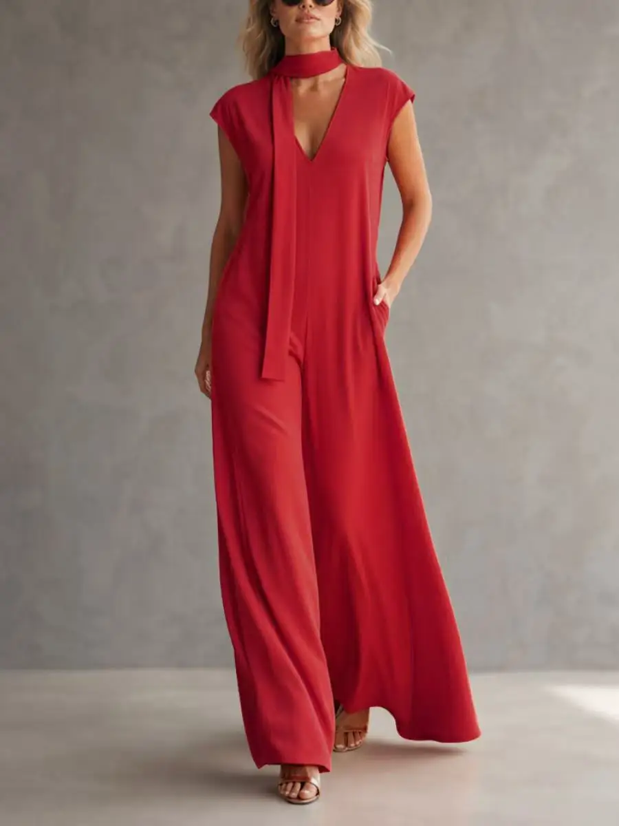 Freeacy Women's Choker Tie Red Jumpsuit Deep V-Neck Cap Sleeve Wide Leg Casual Party Romper Summer Vacation One-piece Suit
Freeacy Women's Choker Tie Red Jumpsuit Deep V-Neck Cap Sleeve Wide Leg Casual Party Romper Summer Vacation One-piece Suit