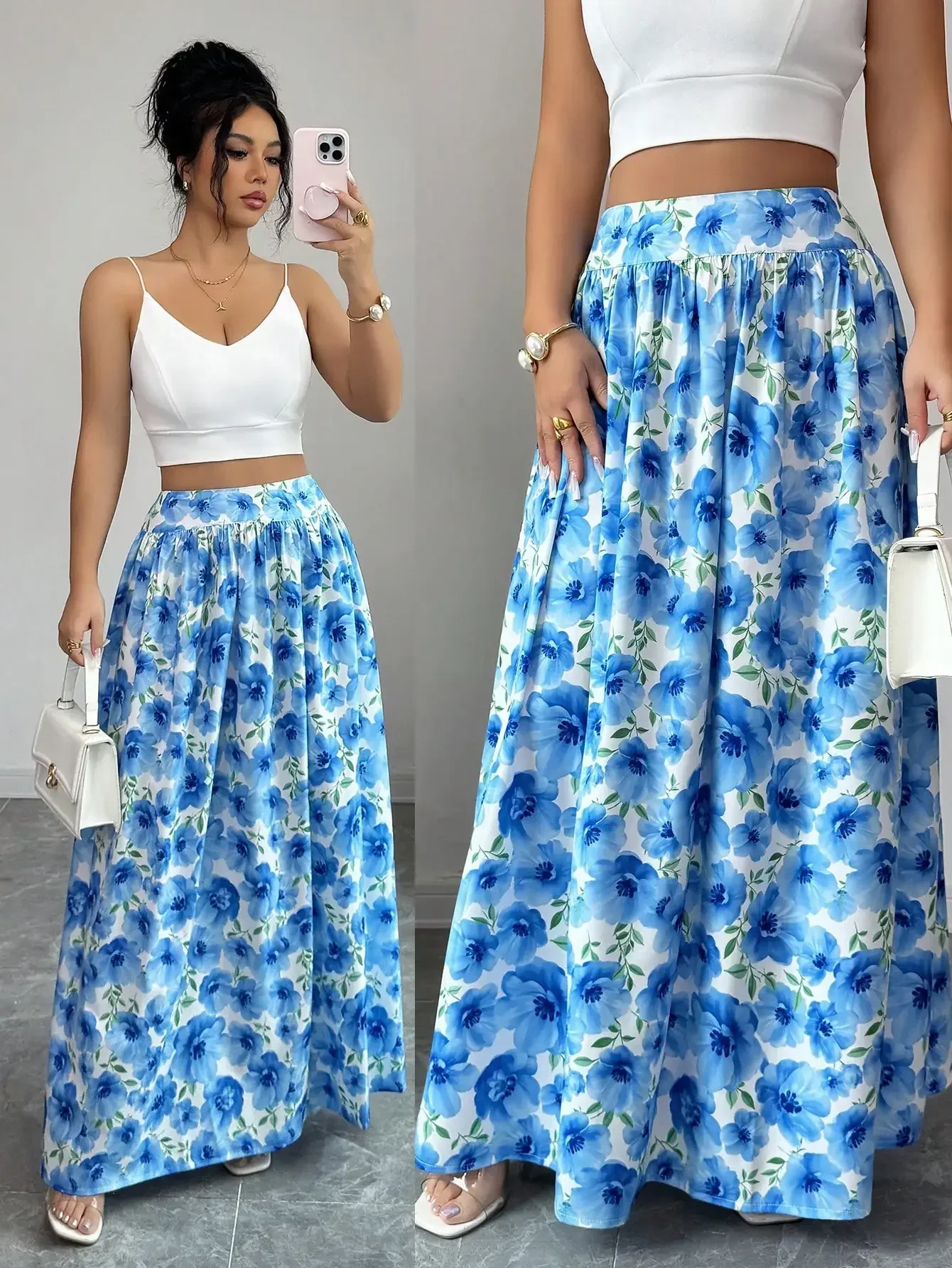 Romantic Floral Print High Waist Pleated A-Line Maxi Skirt, Elegant Casual Vacation Dress, Fashion Blue Printed Long Ski
Romantic Floral Print High Waist Pleated A-Line Maxi Skirt, Elegant Casual Vacation Dress, Fashion Blue Printed Long Ski