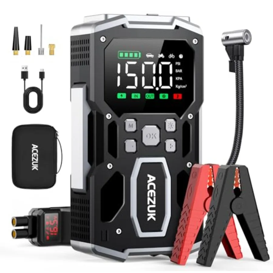 Portable Car Jump Starter with Air Compressor 150PSI 8000A Jump Starter All Gas/10.0L Diesel 12V Battery Jump Box Car Battery J
Portable Car Jump Starter with Air Compressor 150PSI 8000A Jump Starter All Gas/10.0L Diesel 12V Battery Jump Box Car Battery J