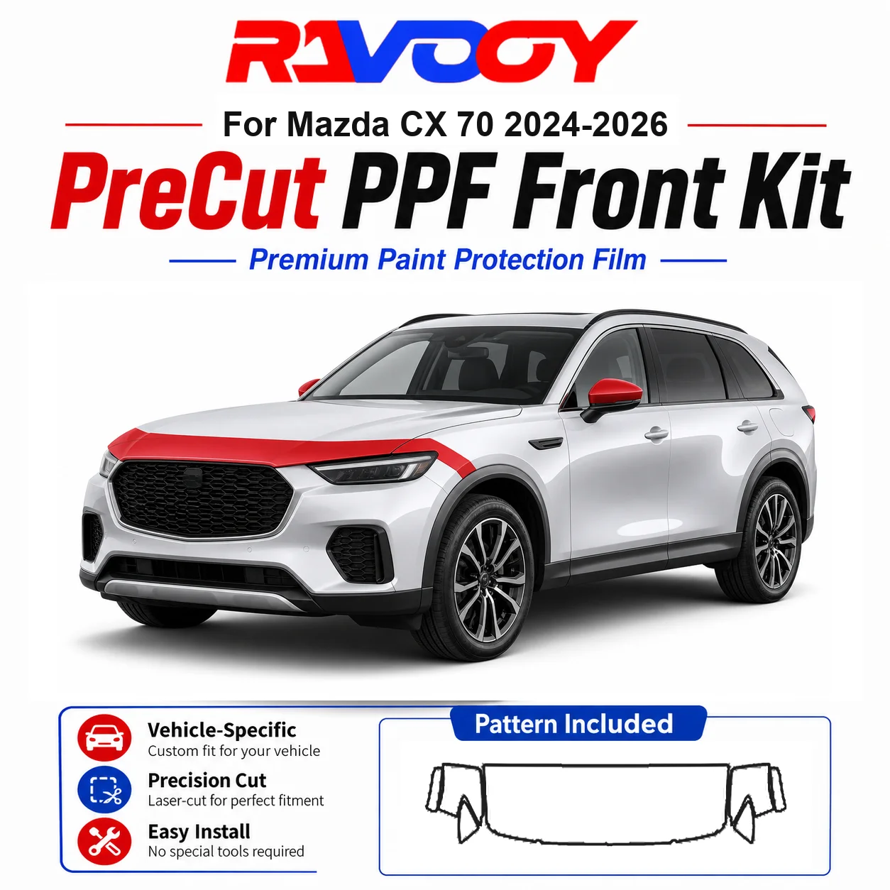 8.5mil TPU Precut PPF Kit For Mazda CX 70 2024-2026 - Hood, Fenders & Mirror Set - Self-Healing Clear Bra Film
8.5mil TPU Precut PPF Kit For Mazda CX 70 2024-2026 - Hood, Fenders & Mirror Set - Self-Healing Clear Bra Film
