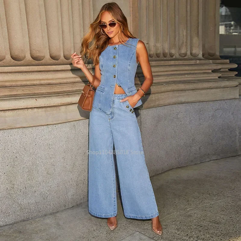 Street Denim Slim Vest Set Women Sleeveless Single Breasted Top Buttons Wide Leg Jeans Female 2025 Summer Chic Commute Lady Suit
Street Denim Slim Vest Set Women Sleeveless Single Breasted Top Buttons Wide Leg Jeans Female 2025 Summer Chic Commute Lady Suit