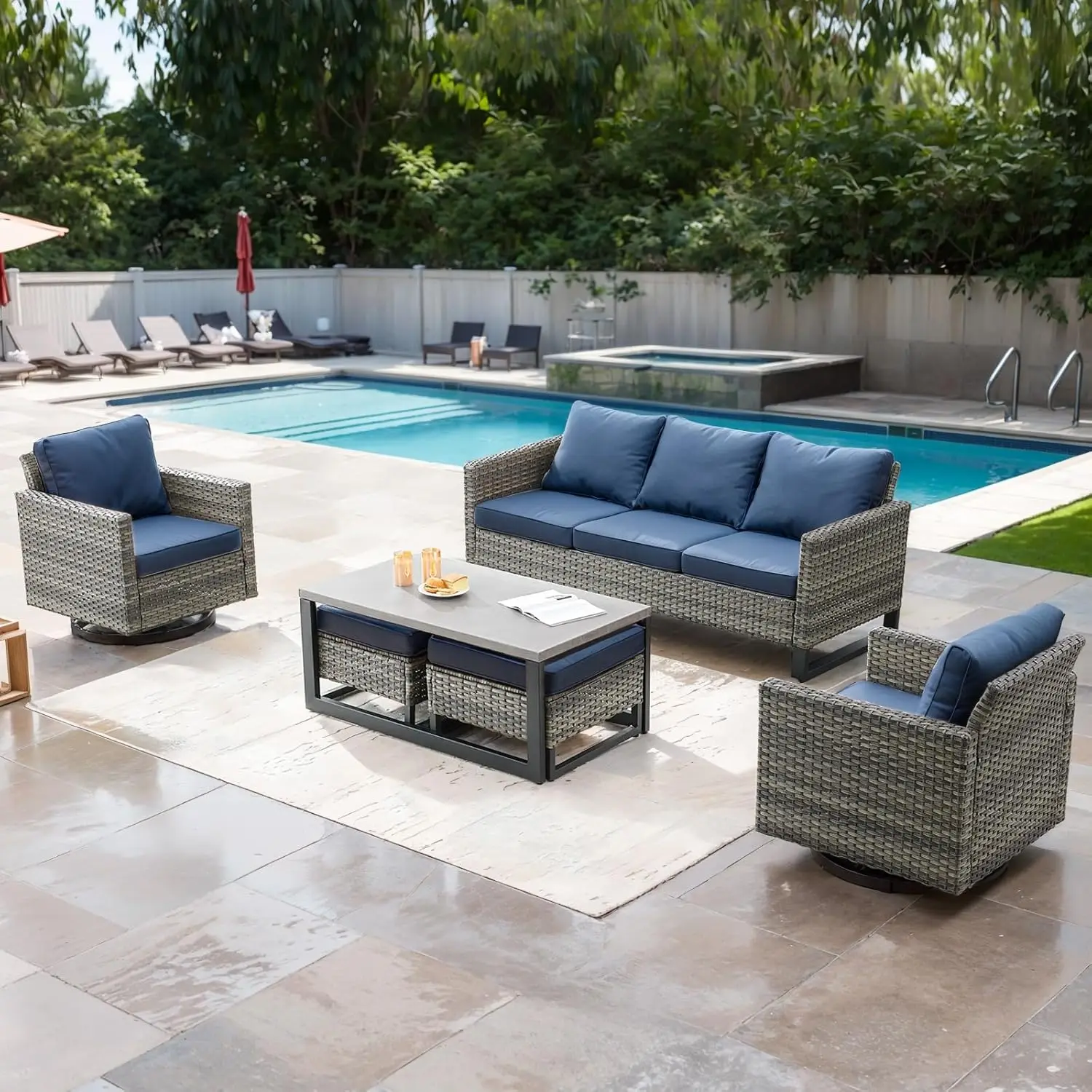 6pc Wicker Patio Furniture Set with Swivel Chairs Ottoman Loveseat Metal Table for Outdoor, Customized
6pc Wicker Patio Furniture Set with Swivel Chairs Ottoman Loveseat Metal Table for Outdoor, Customized