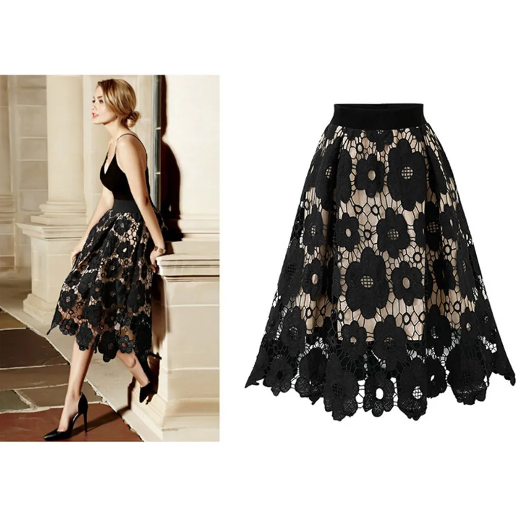 Women's Stretch Printed Lace Flared Ladies Crotch Flower Embroidery Hollow Out Skirt Elastic Wais Knee Skater Length Soft Skirt
Women's Stretch Printed Lace Flared Ladies Crotch Flower Embroidery Hollow Out Skirt Elastic Wais Knee Skater Length Soft Skirt