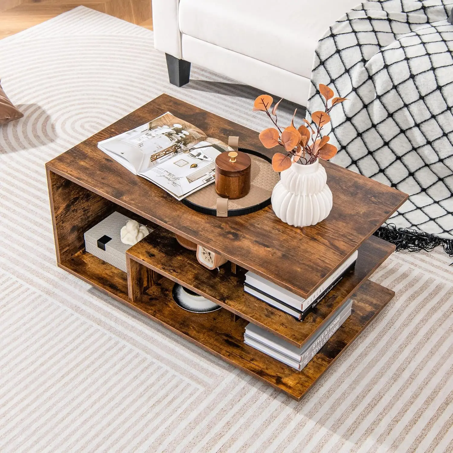 Coffee Table With Storage, Modern Rectangular Accent Table With L-Shaped Middle Shelf, Versatile 3-Tier Cocktail Table Sofa
Coffee Table With Storage, Modern Rectangular Accent Table With L-Shaped Middle Shelf, Versatile 3-Tier Cocktail Table Sofa