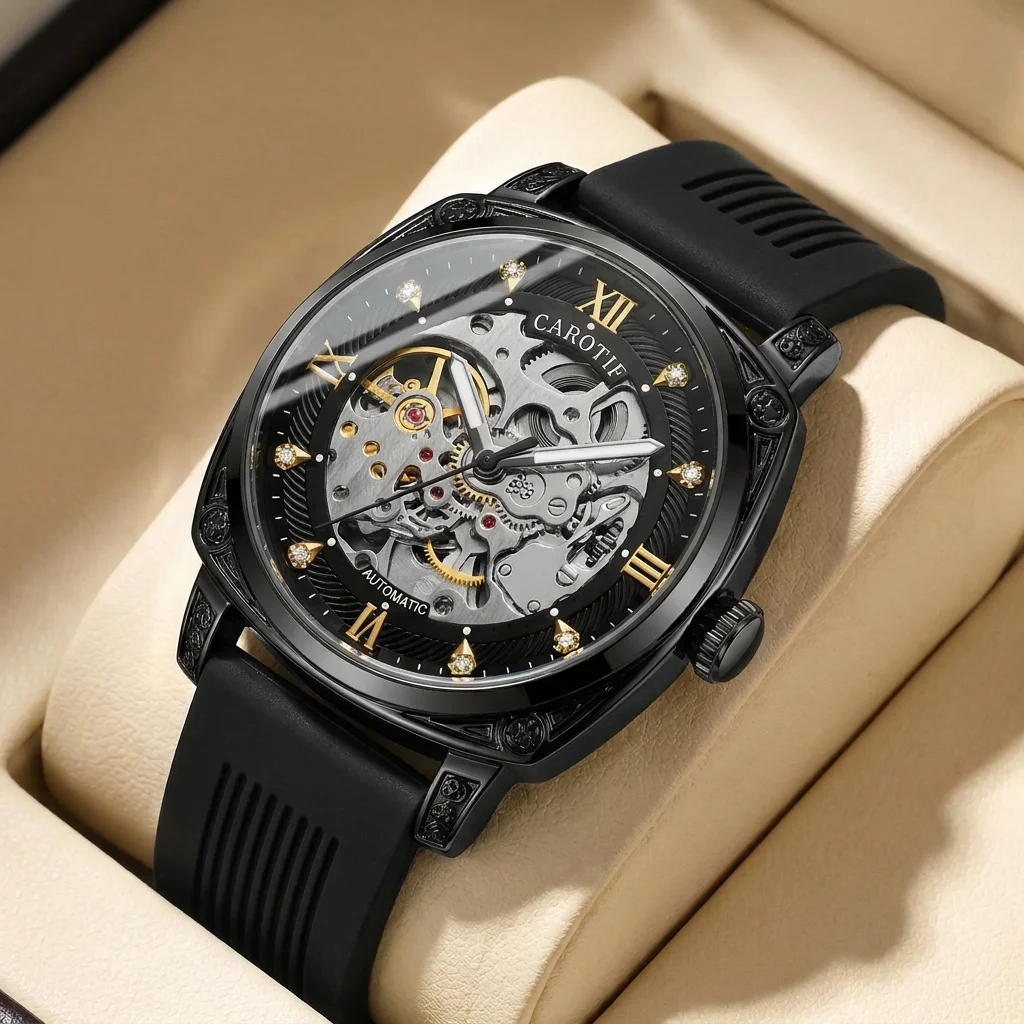 1pcs Men's silver dial silicone strap vintage fashion skeleton gear luxury details Mechanical Watch for daily business party hol
1pcs Men's silver dial silicone strap vintage fashion skeleton gear luxury details Mechanical Watch for daily business party hol