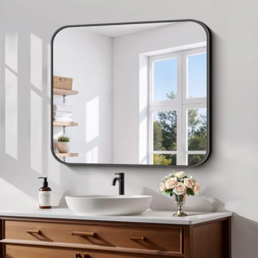 Bathroom vanity mirror with black matte aluminum alloy frame, 28x32 inch shatterproof tempered glass, no distortion, modern wal
Bathroom vanity mirror with black matte aluminum alloy frame, 28x32 inch shatterproof tempered glass, no distortion, modern wal