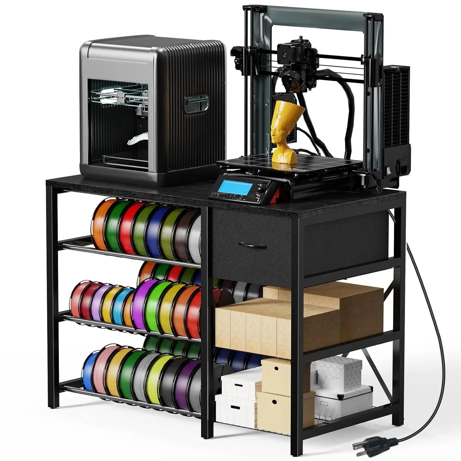 3D Printer Stand with Filament Storage Rack, Black Table with Power Outlet, 3-Tier Holder and Drawer for Office Workshop Studio
3D Printer Stand with Filament Storage Rack, Black Table with Power Outlet, 3-Tier Holder and Drawer for Office Workshop Studio