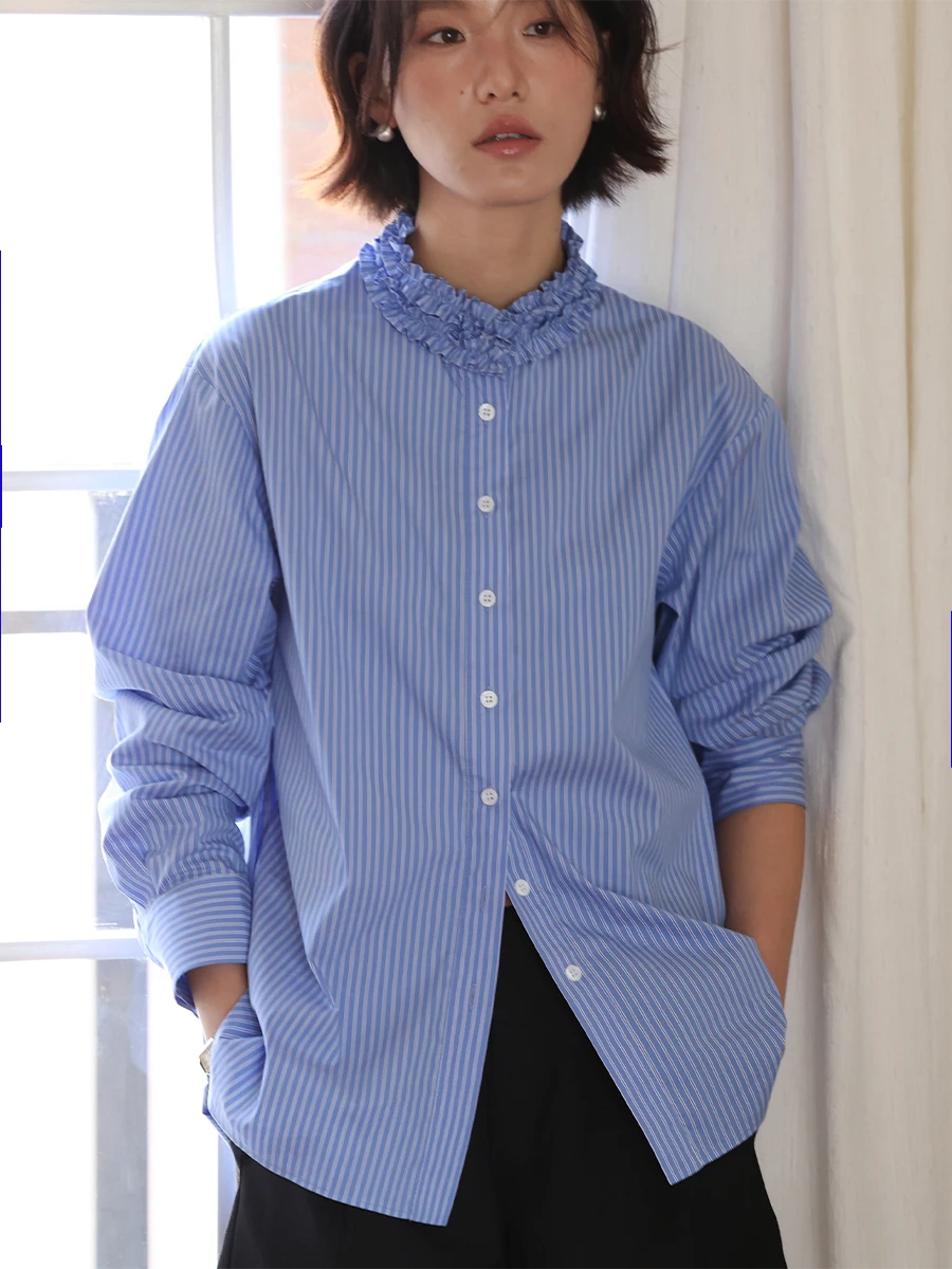 Retro Design Slim Fit Blue Striped irt Women's Ele Top MUNNS2025SS French Sle Cotton Long Sve Stand Collar
Retro Design Slim Fit Blue Striped irt Women's Ele Top MUNNS2025SS French Sle Cotton Long Sve Stand Collar