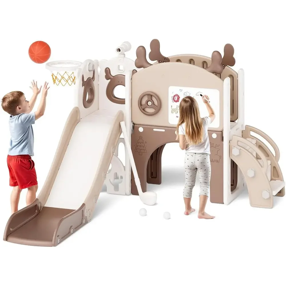 11-in-1 Toddler Slide for Kids 1-3 Years, Indoor/Outdoor, Basketball Hoop, Elk Theme, Beige & Rosy Brown
11-in-1 Toddler Slide for Kids 1-3 Years, Indoor/Outdoor, Basketball Hoop, Elk Theme, Beige & Rosy Brown
