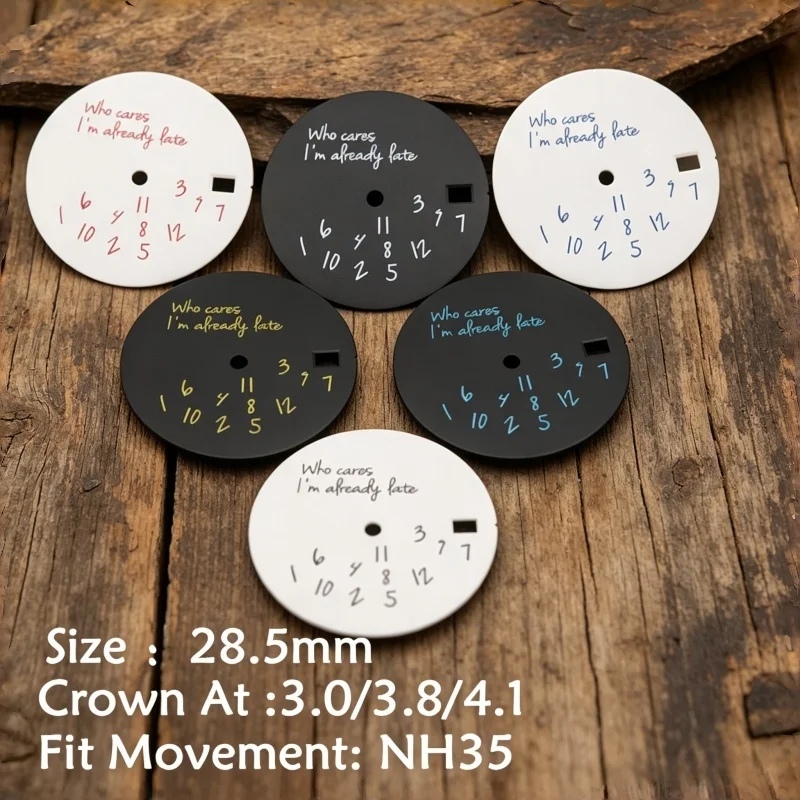 28.5mm Fun Text Watch Dial Compatible with NH35 Movement, Screw Crown at 3/3.8/4.1, Watch Modification Parts
28.5mm Fun Text Watch Dial Compatible with NH35 Movement, Screw Crown at 3/3.8/4.1, Watch Modification Parts