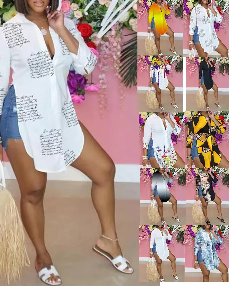 Women Full Sleeve Side Split T Shirts Single Breasted Turn Down Collar Print Letter Shirts Loose Fit Blouses 2023 Summer
Women Full Sleeve Side Split T Shirts Single Breasted Turn Down Collar Print Letter Shirts Loose Fit Blouses 2023 Summer