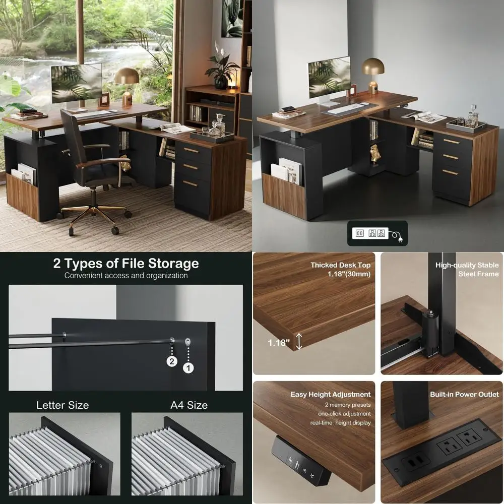 Executive L-Shaped Electric Standing Desk with 3 Drawers, Black Walnut, 1.18 Thick Desktop, AC/USB Outlets, Privacy Panel, and C
Executive L-Shaped Electric Standing Desk with 3 Drawers, Black Walnut, 1.18 Thick Desktop, AC/USB Outlets, Privacy Panel, and C