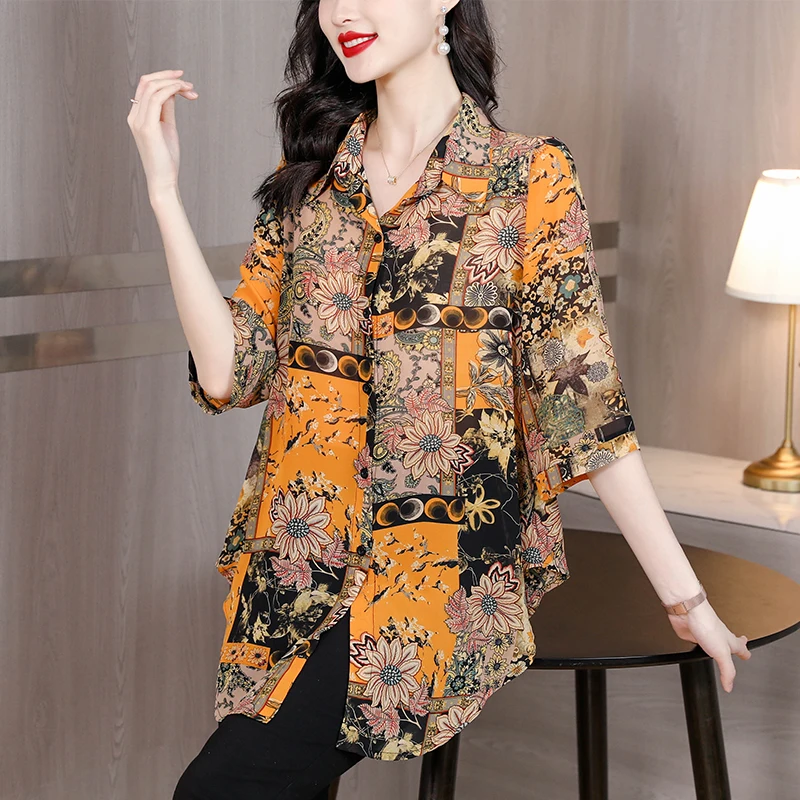 2023 Summer New Silk Medium Length Polo Neck Shirt Cardigan Women's Flower Print Top Long Sleeve Small Shirt Sun Shield
2023 Summer New Silk Medium Length Polo Neck Shirt Cardigan Women's Flower Print Top Long Sleeve Small Shirt Sun Shield