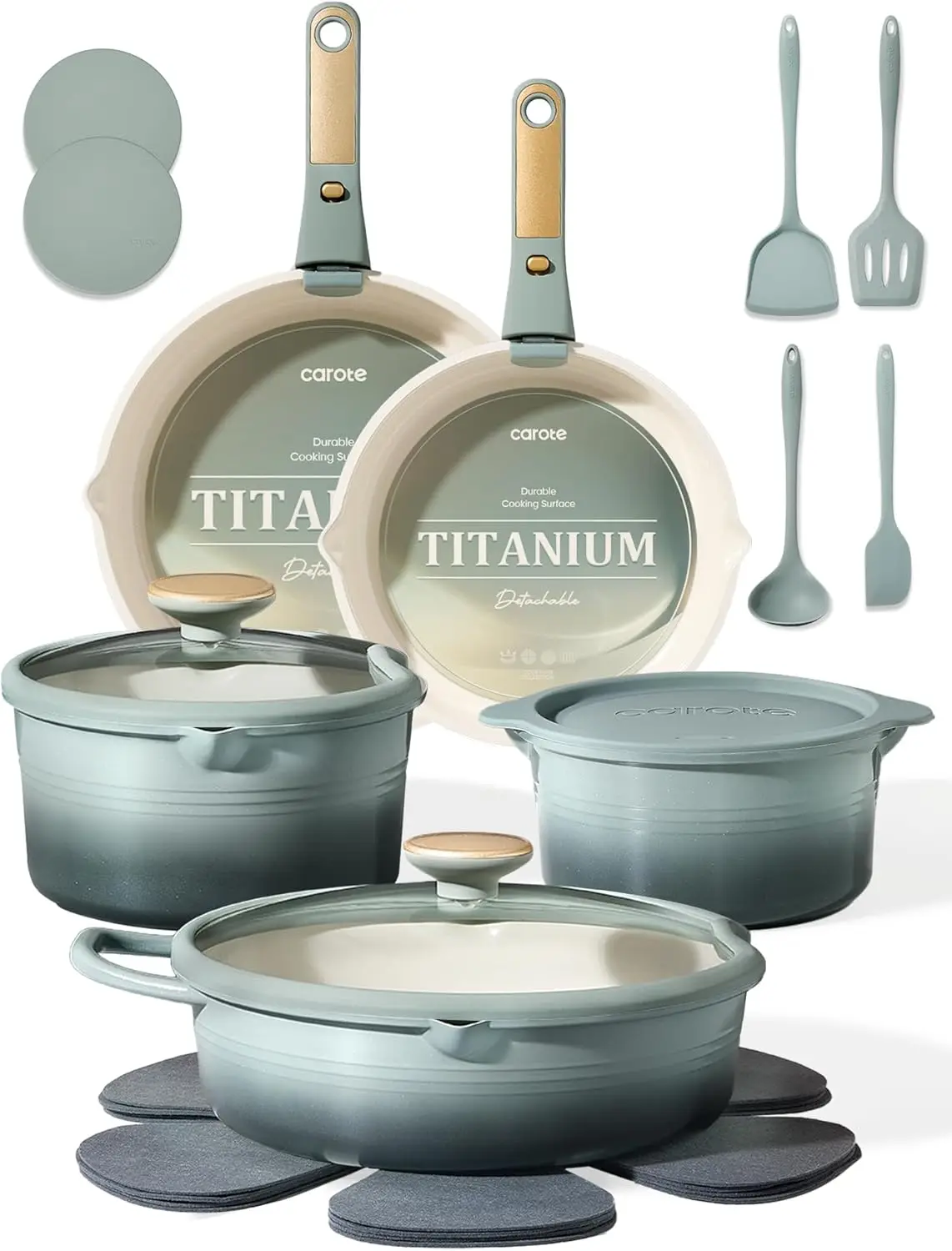 20Pcs Titanium Cookware Set, Pots and Pans Set Non Stick, Kitchen Cooking Set with Detachable Handle
20Pcs Titanium Cookware Set, Pots and Pans Set Non Stick, Kitchen Cooking Set with Detachable Handle