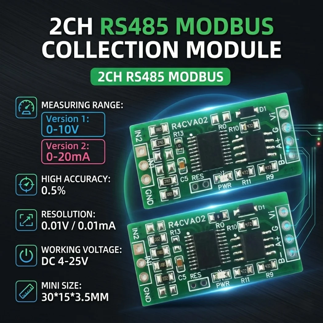 R4CVA02 2CH RS485 Modbus RTU Analog Input Module 0-10V 0-20mA 4-20mA ADC Data Acquisition Collector for PLC Industrial Control
R4CVA02 2CH RS485 Modbus RTU Analog Input Module 0-10V 0-20mA 4-20mA ADC Data Acquisition Collector for PLC Industrial Control