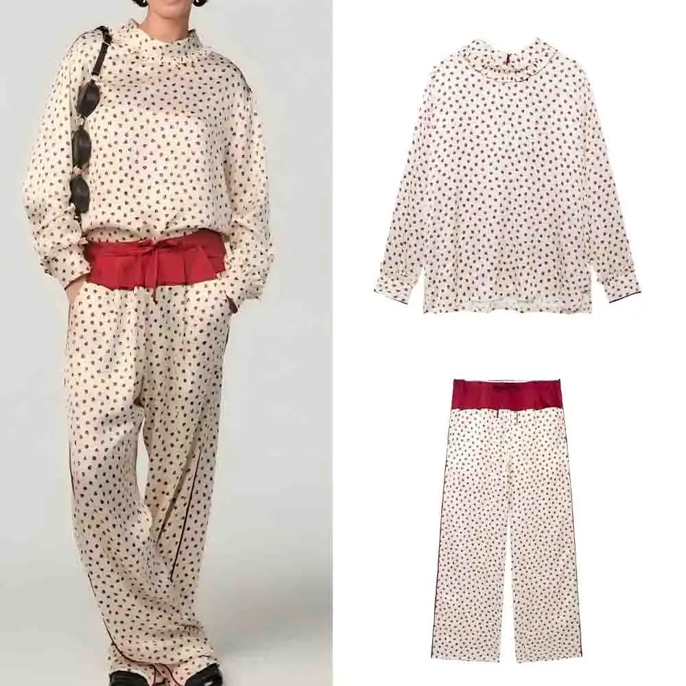 Women's new fashion casual pajama style printed stand collar top retro long sleeved women's pullover chic top+Pants suit
Women's new fashion casual pajama style printed stand collar top retro long sleeved women's pullover chic top+Pants suit