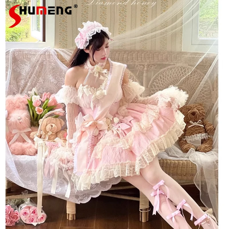 Pink Flower Wedding Off-Shoulder Halter Dress Girls Women's Sweet Bow Lace Edge Elegant Lolita Short Dress Fairy Cake Dresses
Pink Flower Wedding Off-Shoulder Halter Dress Girls Women's Sweet Bow Lace Edge Elegant Lolita Short Dress Fairy Cake Dresses