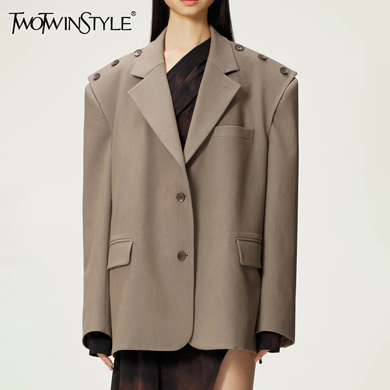 TWOTWINSTYLE Solid Patchwork Pocket Designer Blazer For Women Notched Collar Spliced Button Loose Casual Blazeers Female Style
TWOTWINSTYLE Solid Patchwork Pocket Designer Blazer For Women Notched Collar Spliced Button Loose Casual Blazeers Female Style