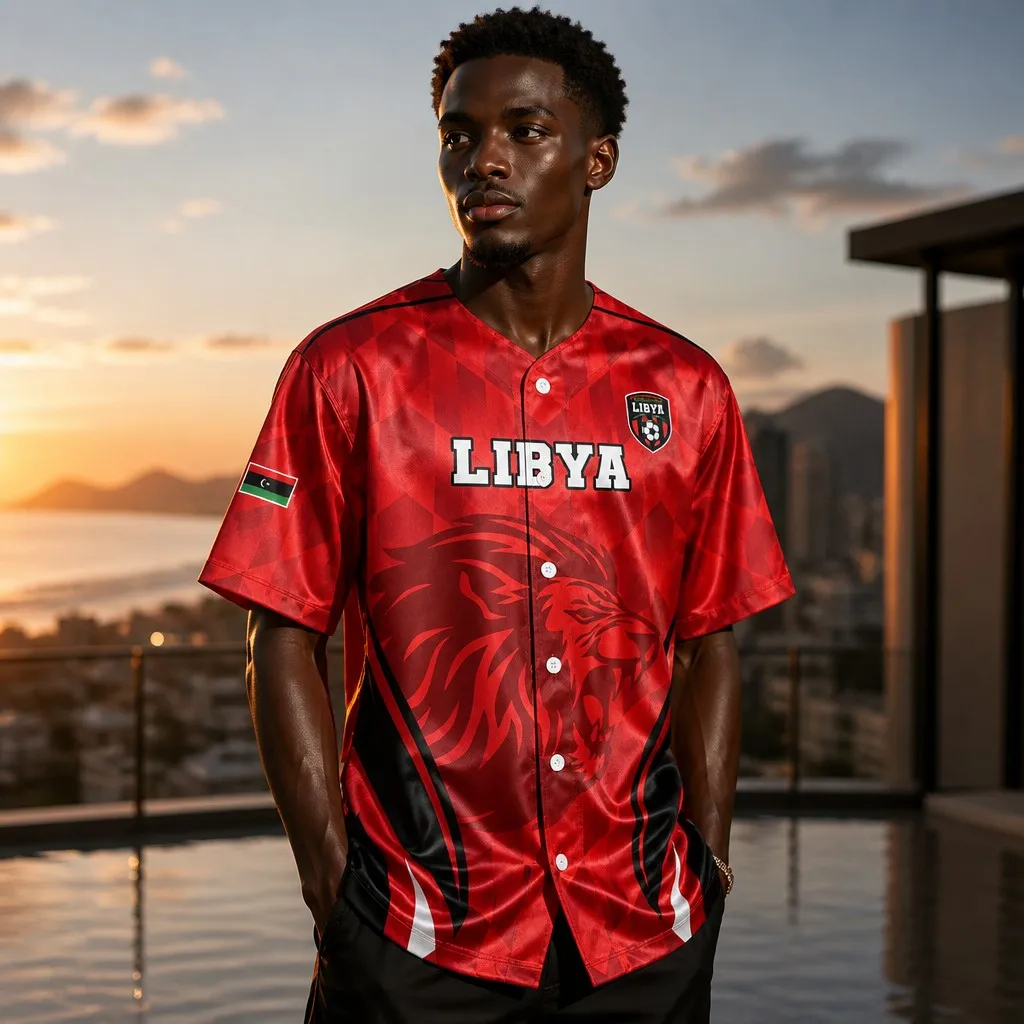 Libyan Satin Baseball Jacket, Black, Red, and Green Flag and Lion Print Crew Neck Short Sleeve Cardigan, Men's Vacation Style
Libyan Satin Baseball Jacket, Black, Red, and Green Flag and Lion Print Crew Neck Short Sleeve Cardigan, Men's Vacation Style