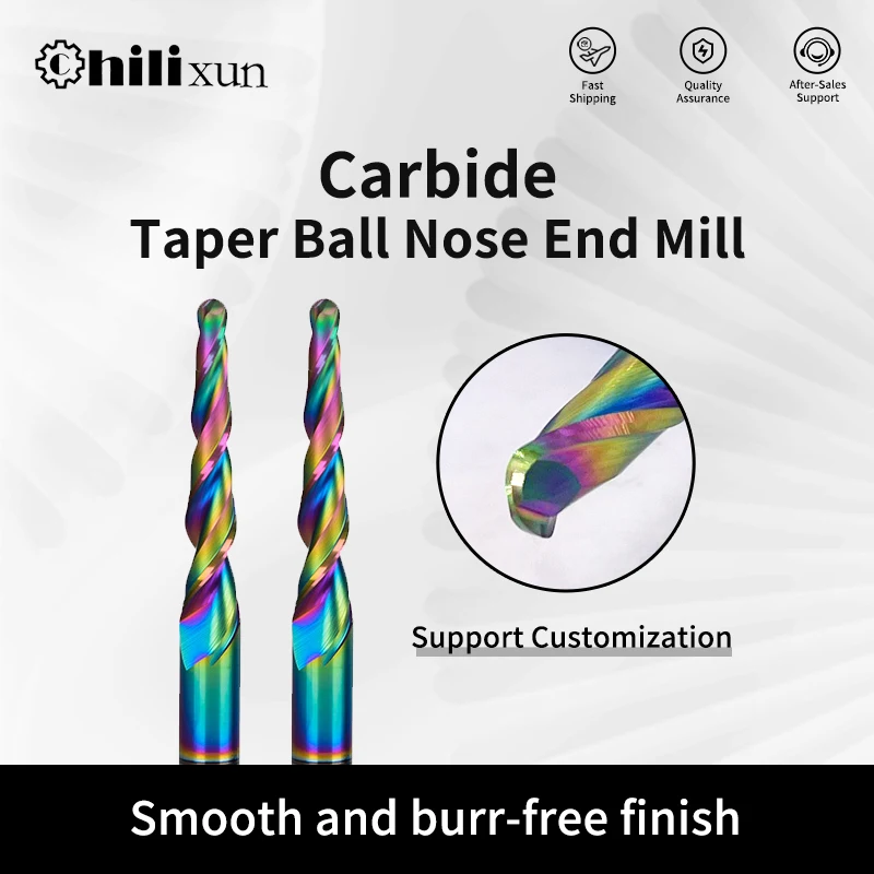 HILIXUN R0.5-R2.0 Colorful Coated Tapered Ball End Mills Solid Carbide for Wood and Acrylic CNC Router Bits
HILIXUN R0.5-R2.0 Colorful Coated Tapered Ball End Mills Solid Carbide for Wood and Acrylic CNC Router Bits
