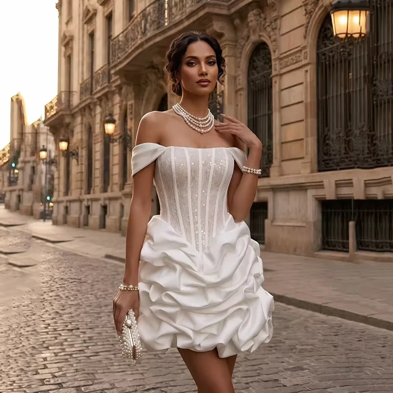 Exquisite Off Shoulder Lace Satin Mini Wedding Dress Sexy Sleeveless Open Back with Lace-up Short Dres Pleat Sequined Customized
Exquisite Off Shoulder Lace Satin Mini Wedding Dress Sexy Sleeveless Open Back with Lace-up Short Dres Pleat Sequined Customized