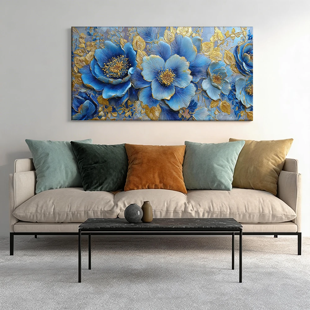 Large-sized solid wood frame canvas painting 1pc Blue and gold floral wall-art.
Large-sized solid wood frame canvas painting 1pc Blue and gold floral wall-art.