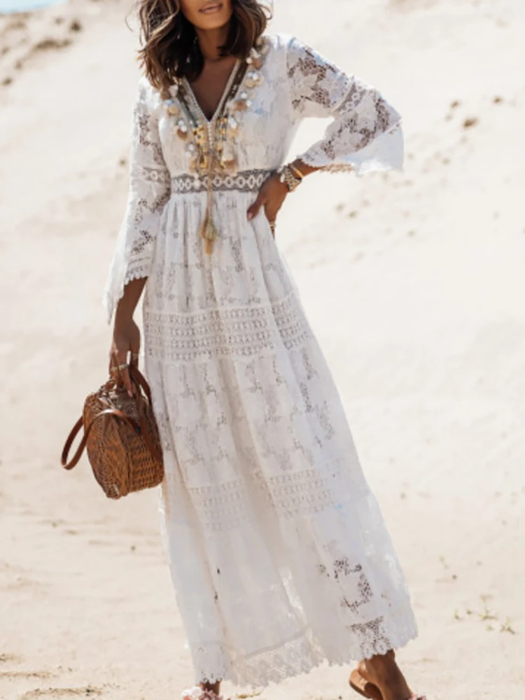 Hollow Out Three Quarter Sleeve Female Dress Women Lace Sexy V Neck Tassel Long Dress Patchwork Bohemian Beach Elegant Dresses
Hollow Out Three Quarter Sleeve Female Dress Women Lace Sexy V Neck Tassel Long Dress Patchwork Bohemian Beach Elegant Dresses