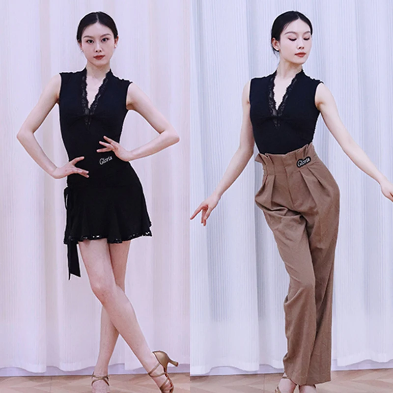 Adult Latin Dance Clothing Black Lace V-Neck Sleeveless Leotard Women Latin Pants Brown Cha Cha Rumba Dancer Training Wear 3441
Adult Latin Dance Clothing Black Lace V-Neck Sleeveless Leotard Women Latin Pants Brown Cha Cha Rumba Dancer Training Wear 3441