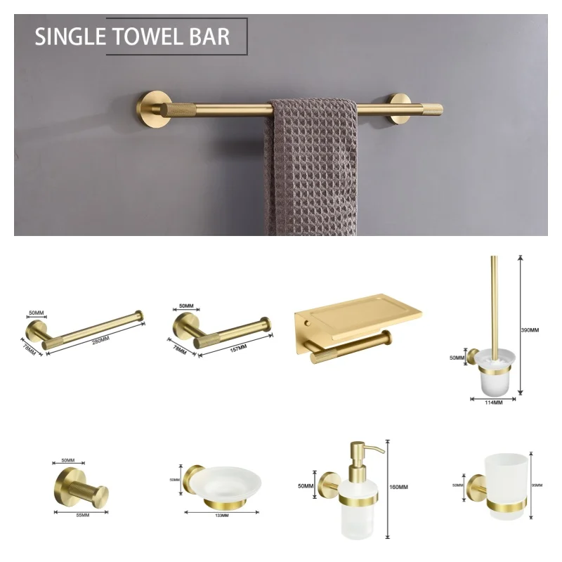 Brushed Gold and Brushed Wall Mount Stainless Steel Robe Hook Toilet Brush Paper Holder Towel Bar Rack Cup Holder Bathroom Kit
Brushed Gold and Brushed Wall Mount Stainless Steel Robe Hook Toilet Brush Paper Holder Towel Bar Rack Cup Holder Bathroom Kit
