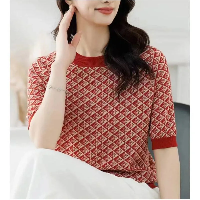 Summer New Women's Crew Neck Contrasting Jacquard Versatile Fashion Simplicity Casual Loose Knitting Short Sleeve T-shirt Tops
Summer New Women's Crew Neck Contrasting Jacquard Versatile Fashion Simplicity Casual Loose Knitting Short Sleeve T-shirt Tops