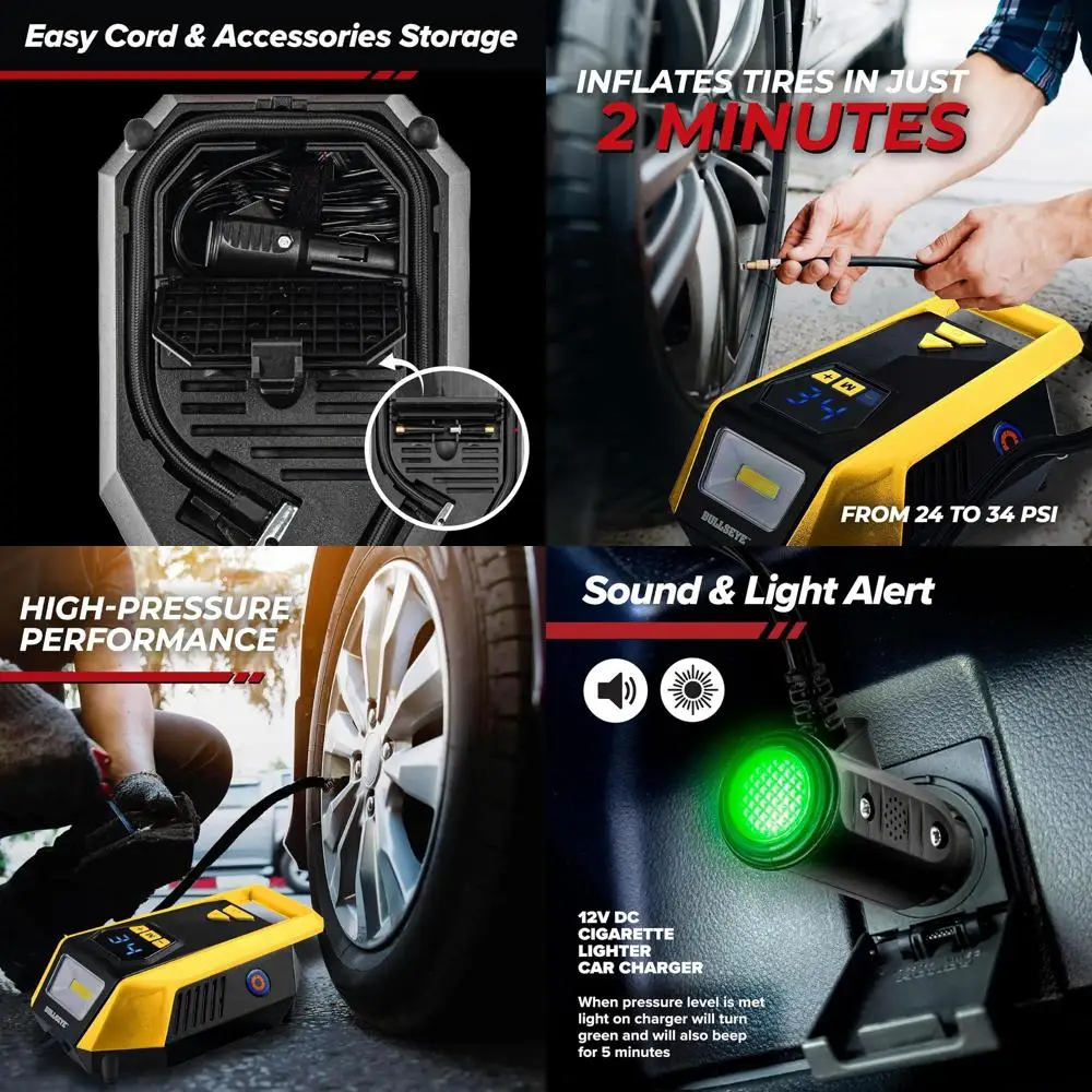 Rapid 12V Tire Inflator with Auto Shut-Off, 150 PSI Max, Digital Gauge, LED, and Easy Storage - Bullseye Yellow
Rapid 12V Tire Inflator with Auto Shut-Off, 150 PSI Max, Digital Gauge, LED, and Easy Storage - Bullseye Yellow