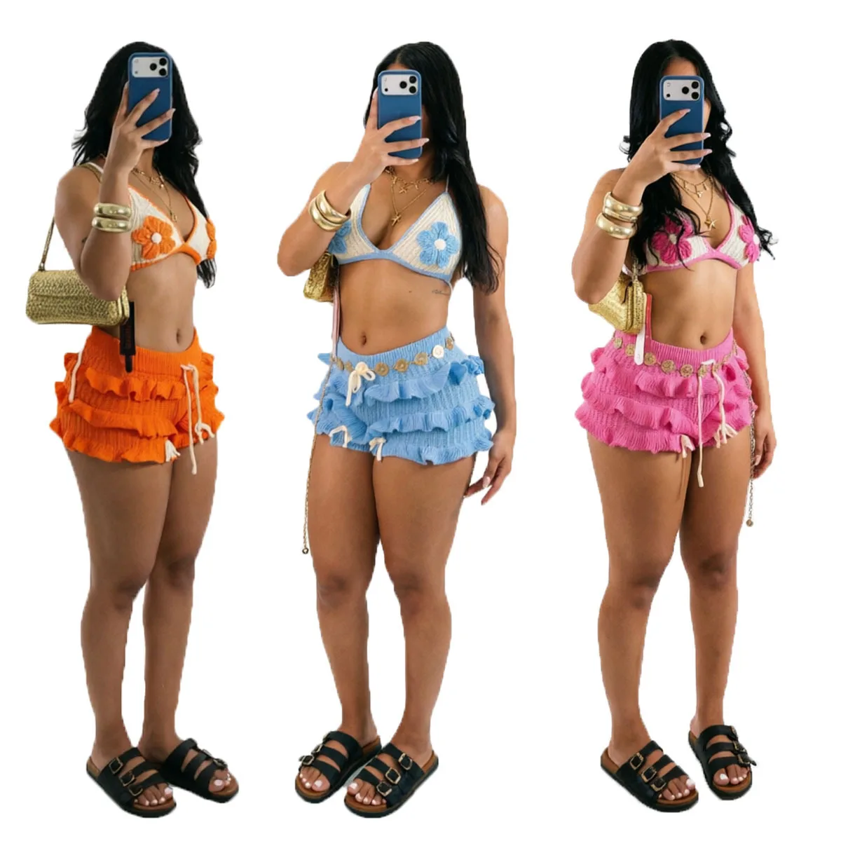 New Fashionable Knitted Hand-Crocheted Ruffled Lace-Up Women's Suit Summer Women's Beach Shorts Two-Piece Set
New Fashionable Knitted Hand-Crocheted Ruffled Lace-Up Women's Suit Summer Women's Beach Shorts Two-Piece Set
