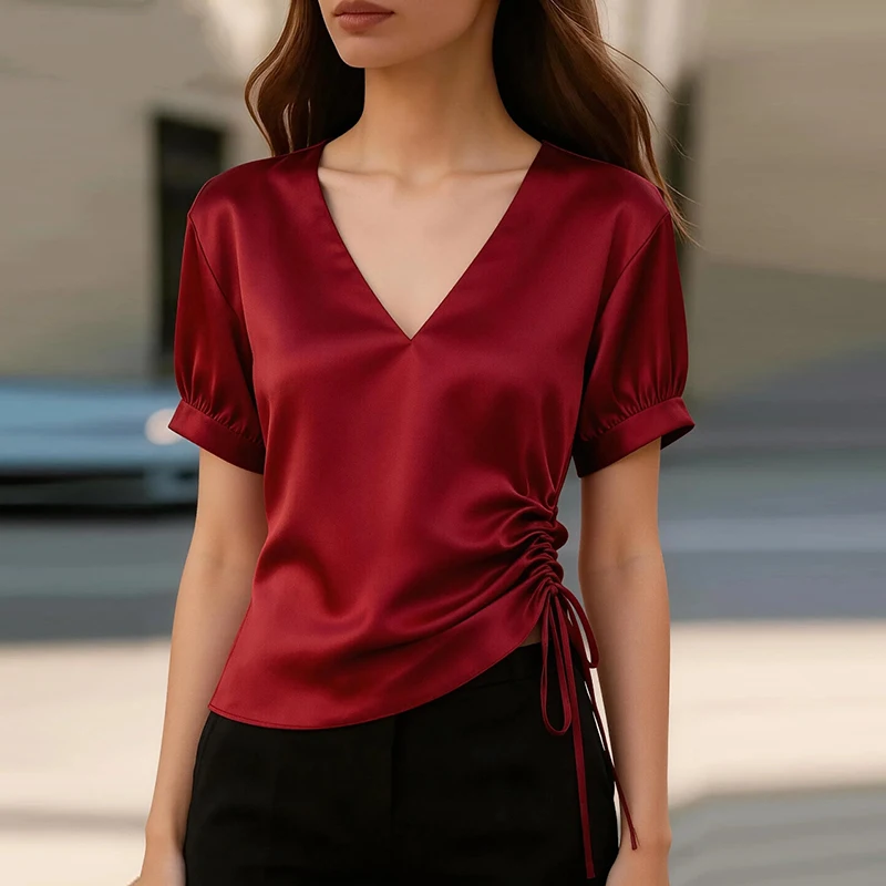New Summer Women's Elegant Satin Work Shirt Plain Short Sleeve Silk Shirt Blouses Women Fashion V Neck Lace Up Waist Office Tops
New Summer Women's Elegant Satin Work Shirt Plain Short Sleeve Silk Shirt Blouses Women Fashion V Neck Lace Up Waist Office Tops