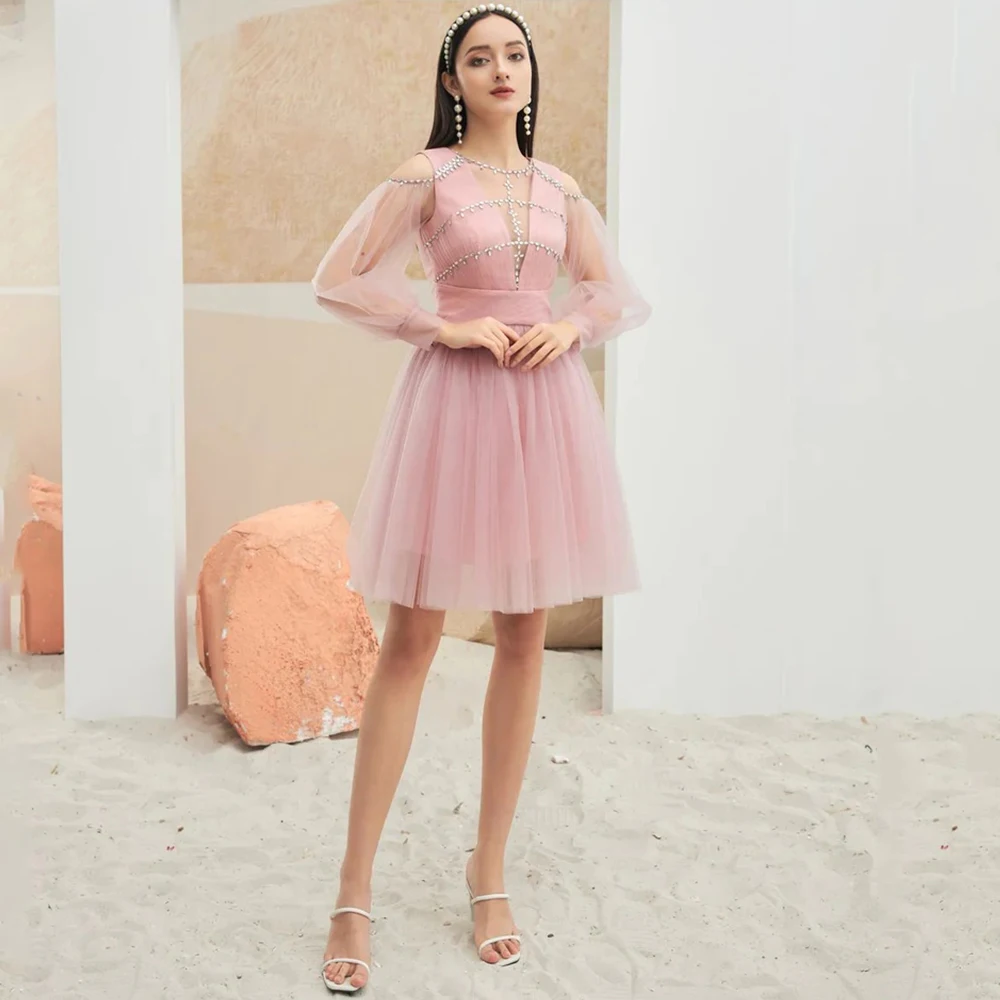 Classic O-Neck Long Sleeve Cocktail Dress Tulle Knee-Length A-Line Women with Diamond Jewelry and Pleat Party Banquet Gowns
Classic O-Neck Long Sleeve Cocktail Dress Tulle Knee-Length A-Line Women with Diamond Jewelry and Pleat Party Banquet Gowns